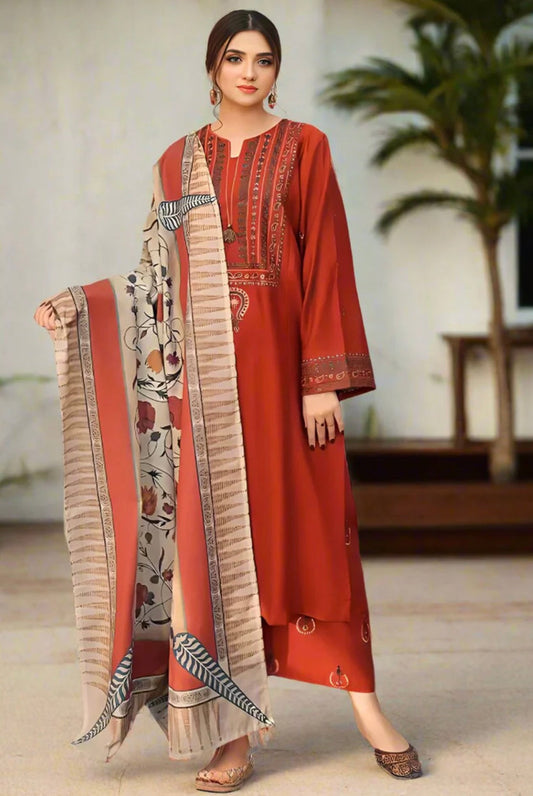 Ayat Embroidered 3-Piece Suit with Shawl – Elegant & Timeless Design