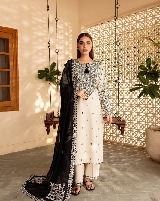 Arfa Embroidered Stitched 3-Piece Suit - Premium Linen with Chiffon Dupatta