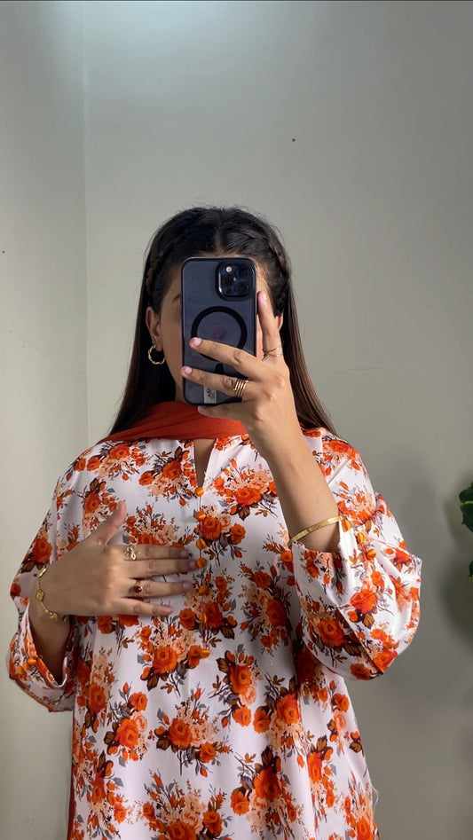 White Bloom 2pcs- All over printed Lown Cotton Affordable Dresses👗
